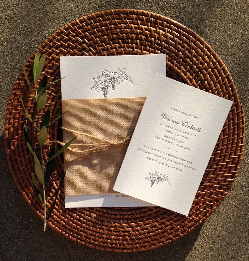 Wedding invitations shown in letterpress for a Napa wedding