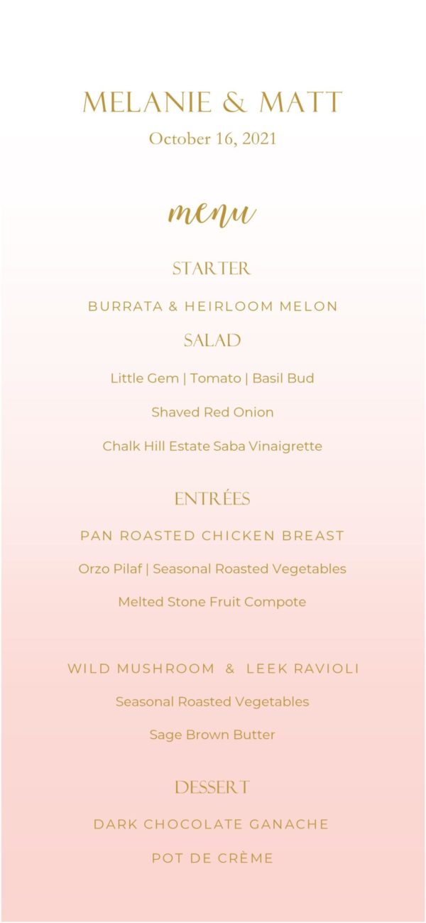 Blush menu sample with gold writing