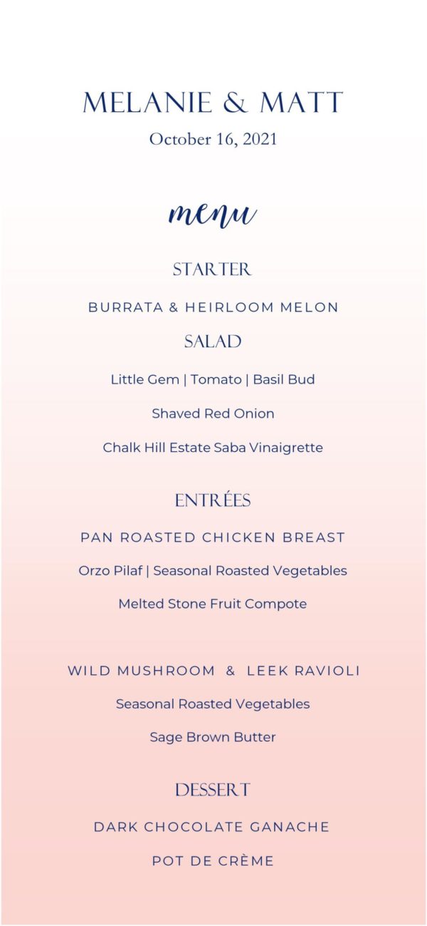 Blush ombre menu with navy writing