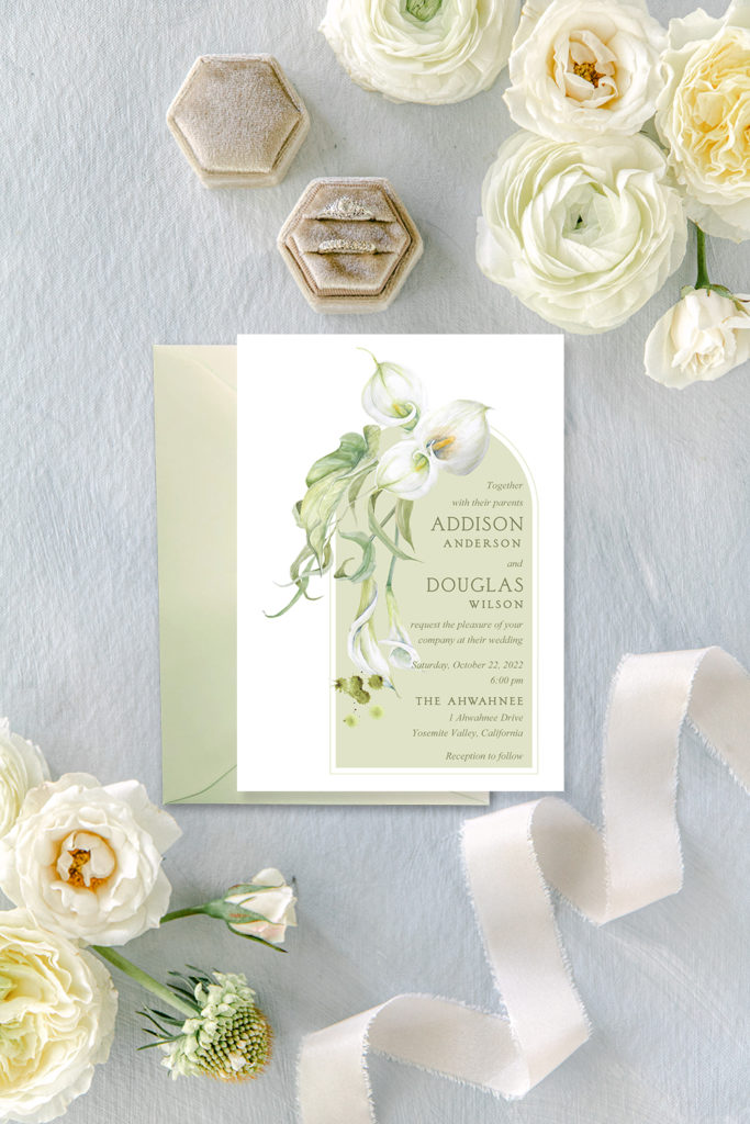 Calla Lily wedding invitation in soft greens and gray