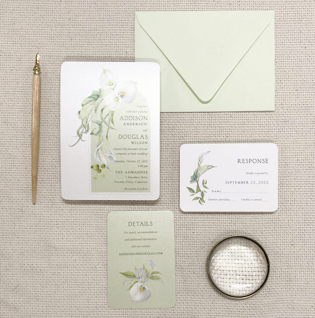 Soft green lily wedding invitation