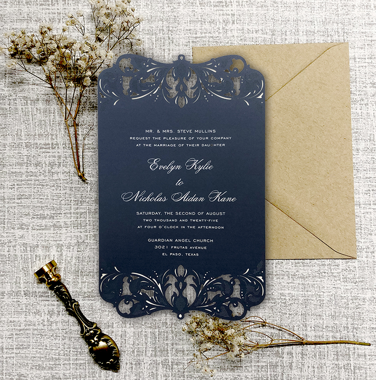 Navy blue, semi-custom, diecut wedding invitation with white ink