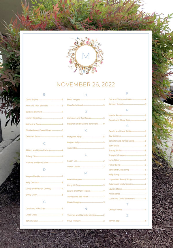 Wildflower seating chart for boho or garden wedding