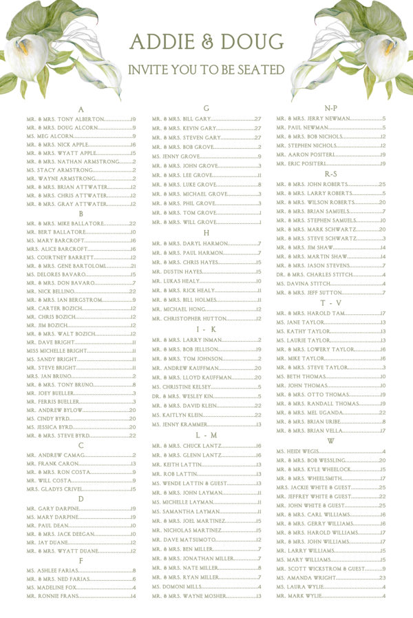 Calla Lily seating chart for weddings or events