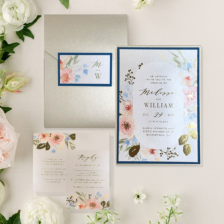 Pink and gold pocket invitation with flowers and navy blue
