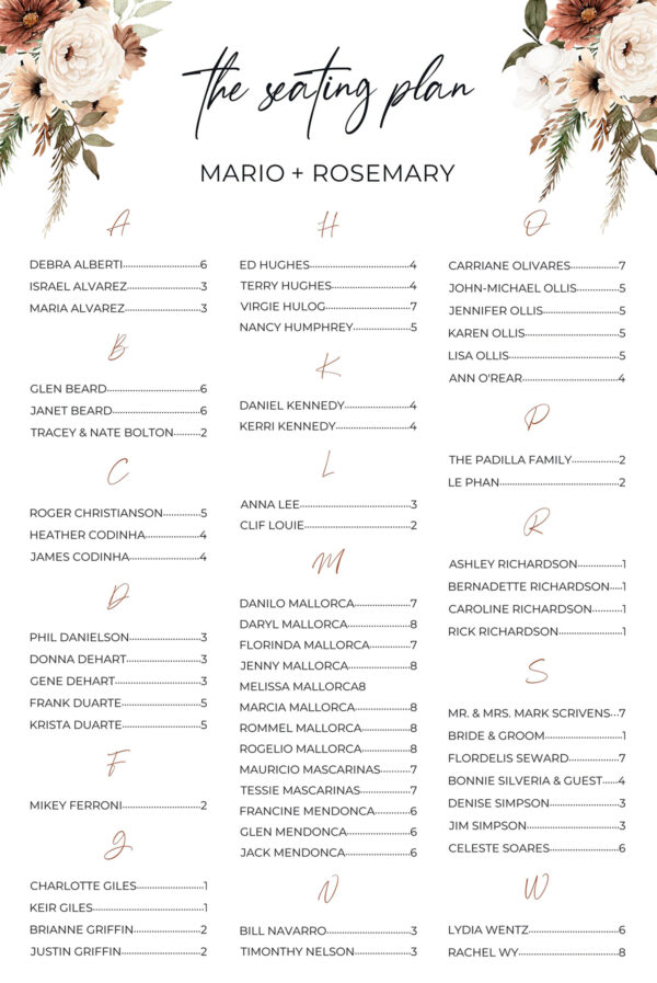 Boho seating chart sample