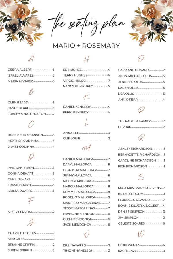 Tan and copper seating chart