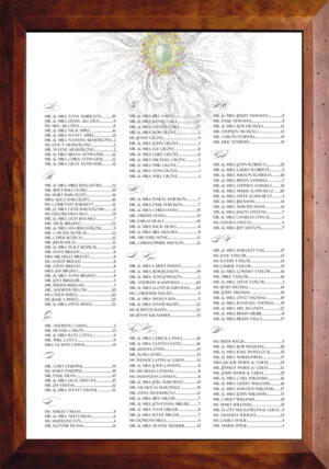 white flower artist designed seating chart in a wood frame
