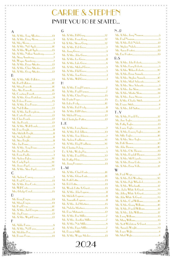 Art Deco styled seating chart for a formal or vintage styled event