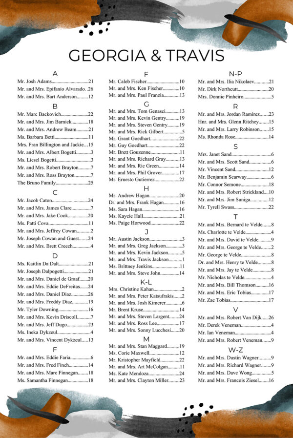 Modern seating chart with blues, coppers, grays and black.