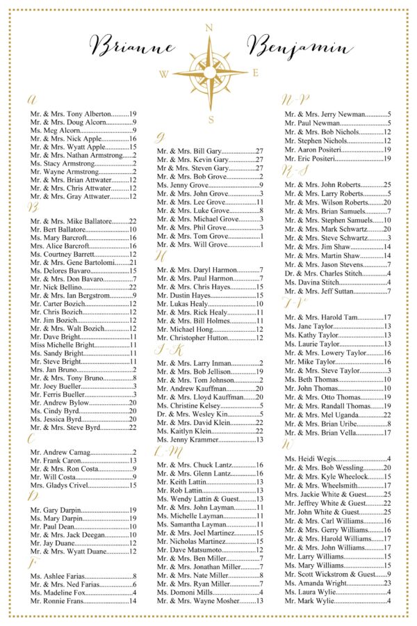 Compass seating chart shown in black and gold