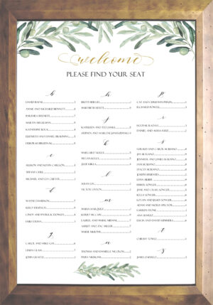 Olive themed seating chart for weddings or events