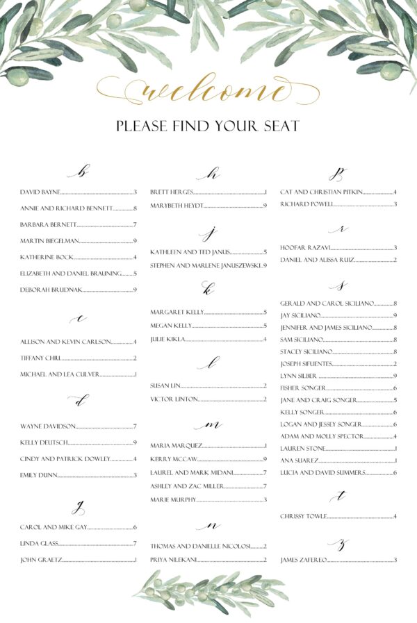 Olive themed seating chart