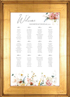 Framed seating chart sample with soft flowers