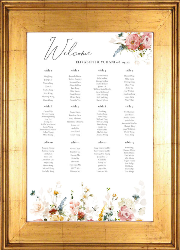 Framed seating chart sample with soft flowers