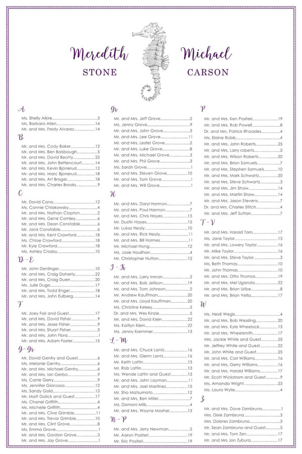 Seahorse seating chart that can be customized with different fonts and colors